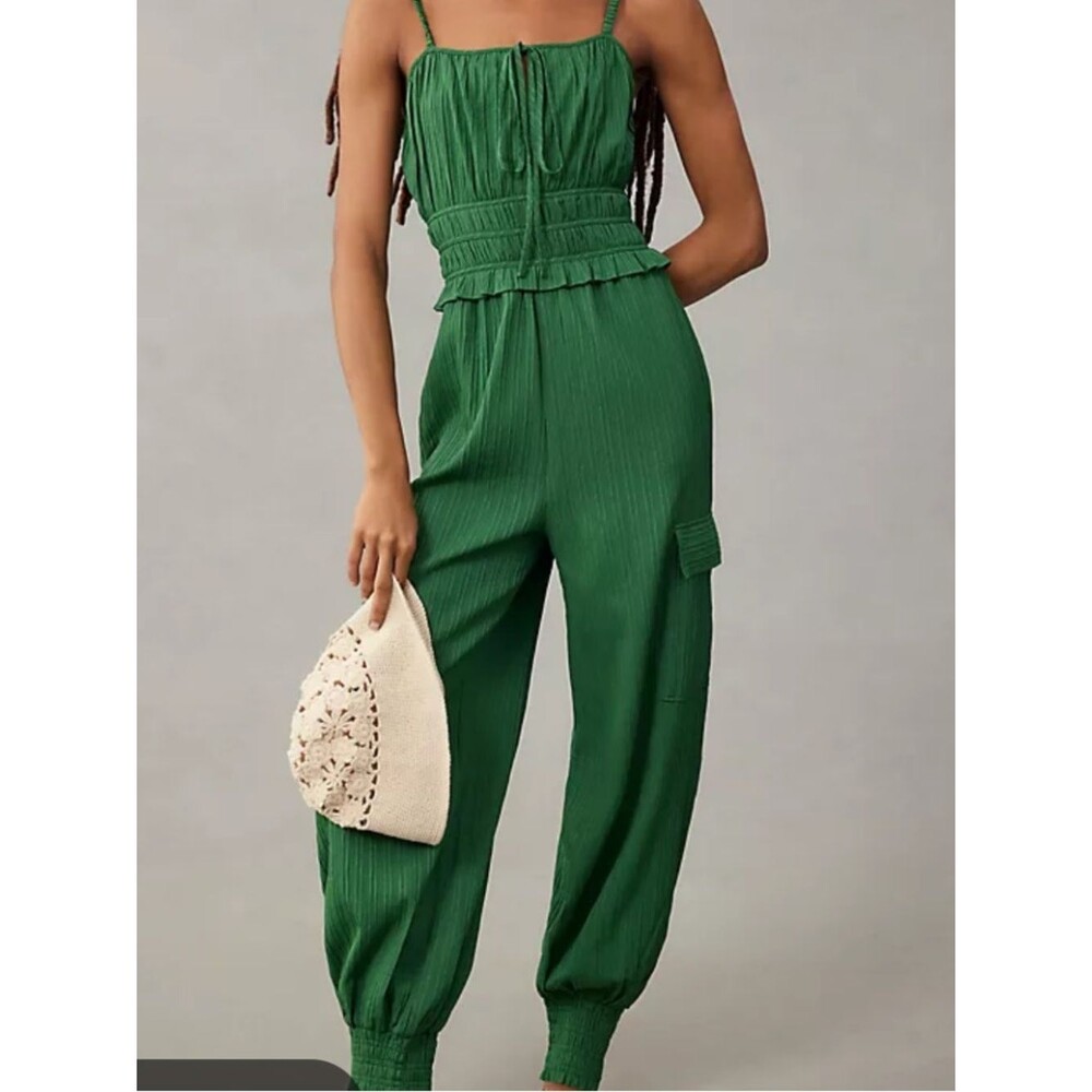 Anthropologie En Saison Rider Smocked Jumpsuit Green Size M